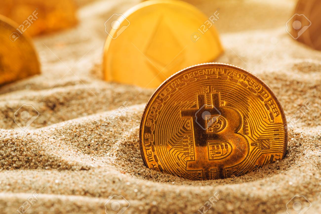 Golden Bitcoin In Sand Conceptual!    Image For Lost And Found Valuable - 